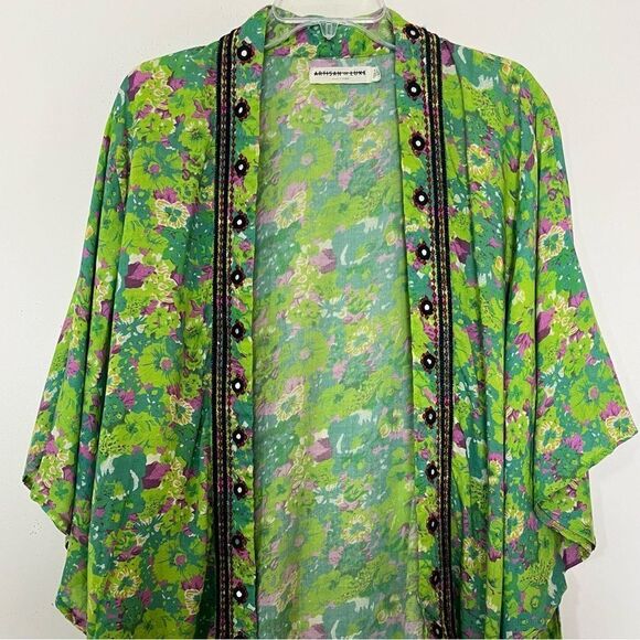 Artisan de Luxe Embroidered Kimono Top Boho Open Front Cardigan Green Floral XS - Picture 4 of 10